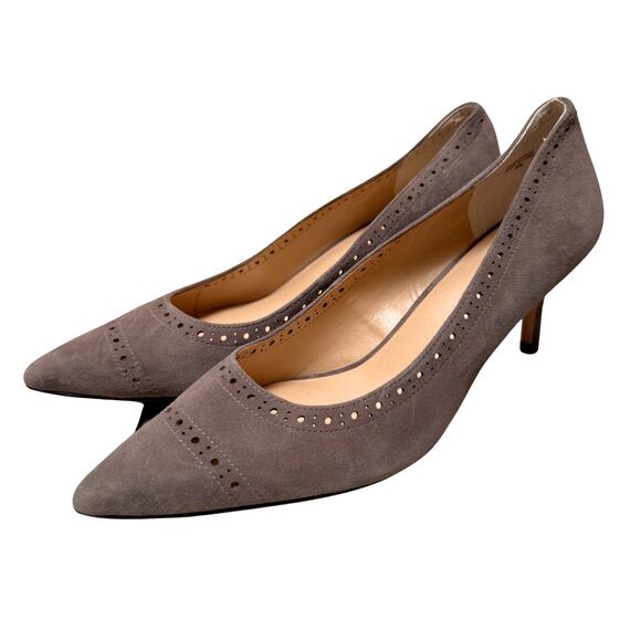 NWOT Women's Ann Taylor Taupe Suede Laser Cut Pointed Heel Pumps - Size: 9 - Picture 1 of 7